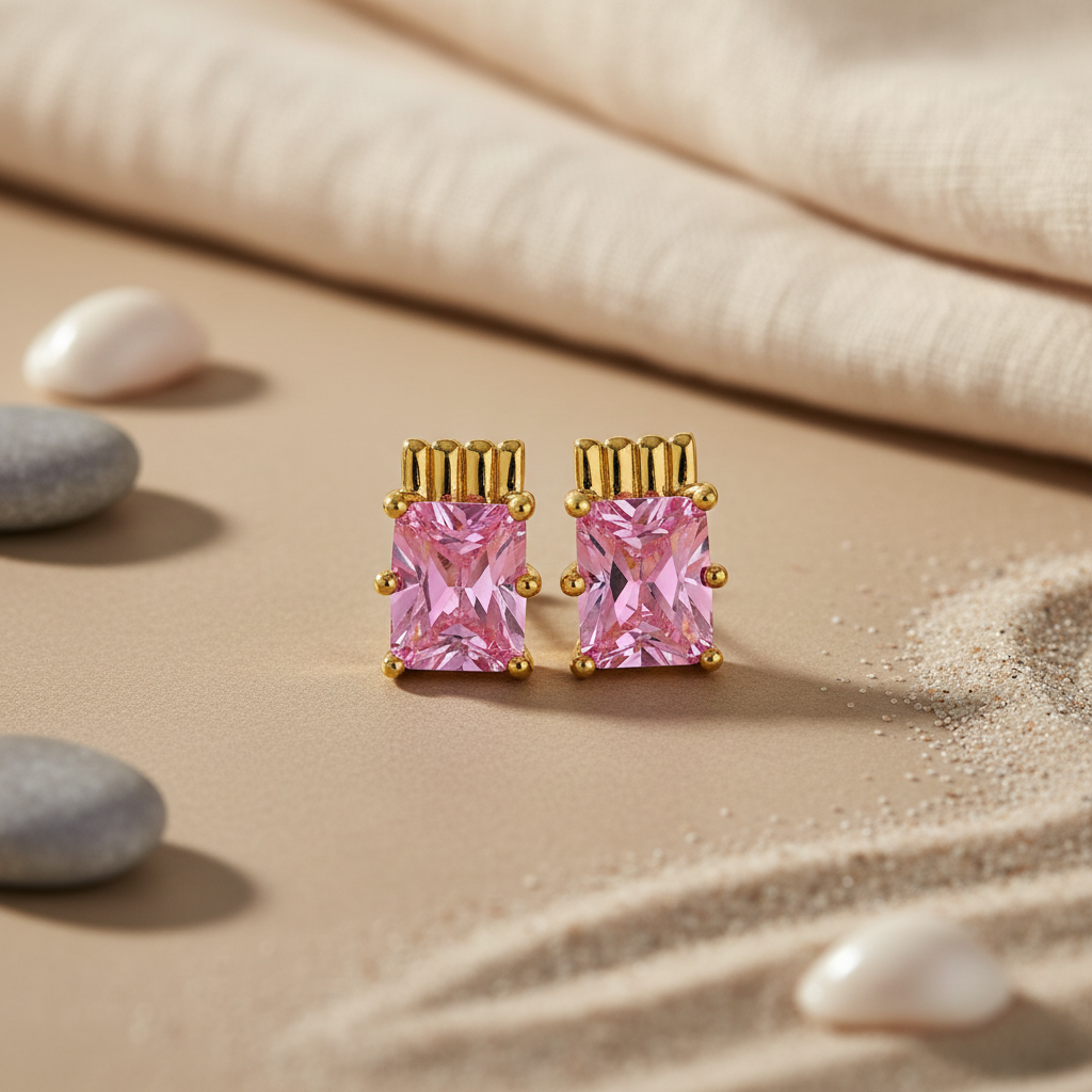 gold plating Pink Stone Stud Earrings for Women | Fashion Jewelry