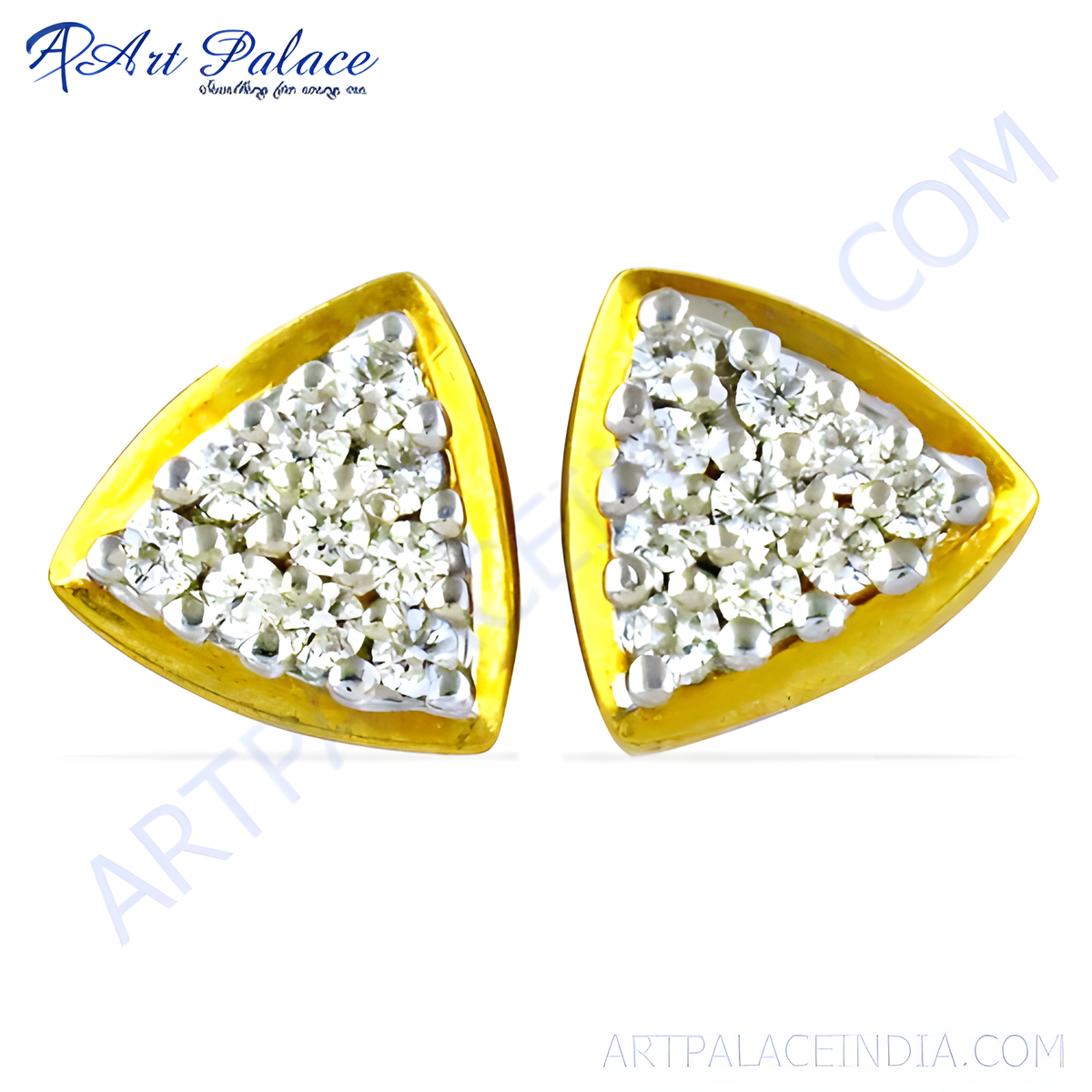 Gold triangle stud earrings with white cubic zirconia stones, perfect for women