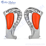 将图像加载到图库查看器中， Sterling silver dangle earrings with vibrant orange coral gemstone and sparkling cubic zirconia accents
