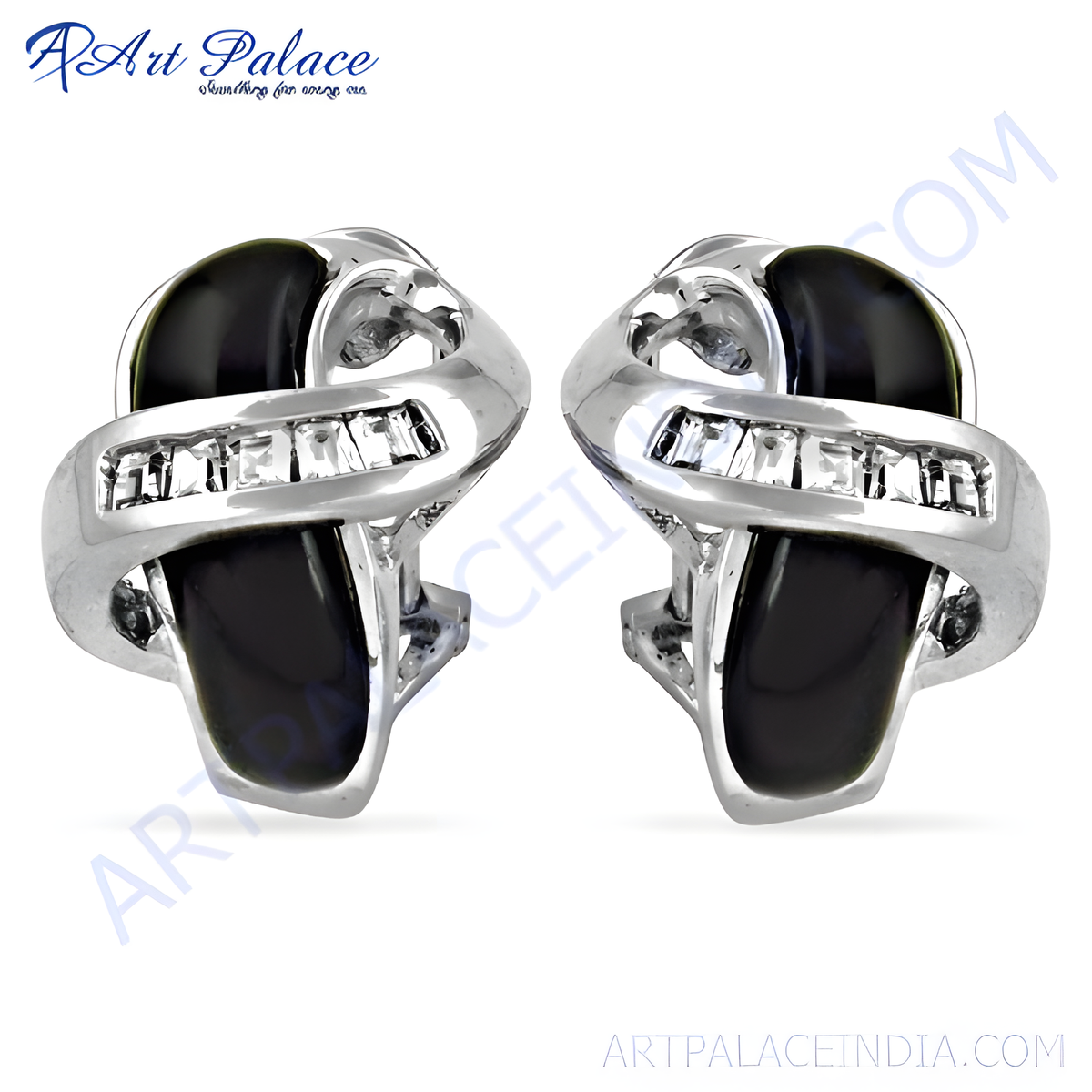 Silver stud earrings with black onyx and cubic zirconia stones, elegant design
