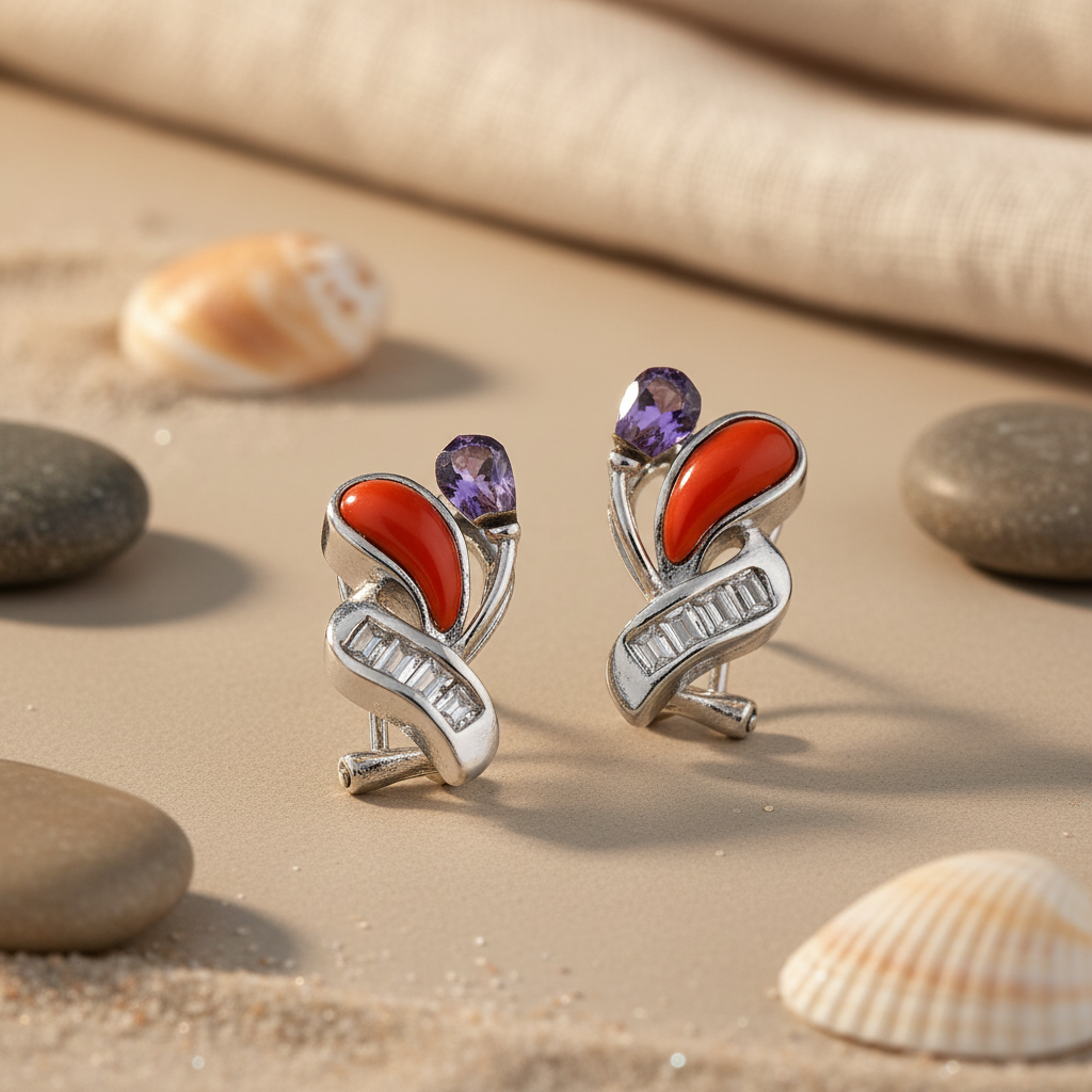 Silver Stud Earrings with Coral & Amethyst | Women's Fashion Jewelry