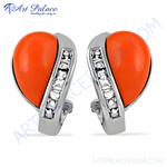 Load image into Gallery viewer, Silver stud earrings featuring orange coral stones and sparkling accents
