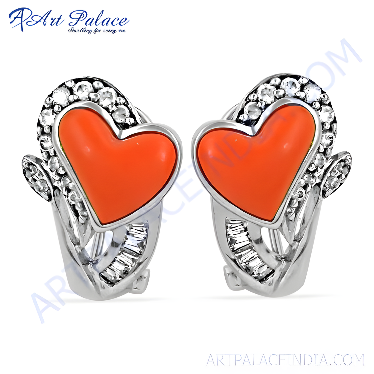 Sterling silver hoop earrings featuring a vibrant orange enamel heart design accented with sparkling cubic zirconia stones