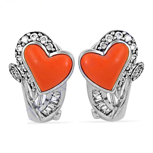Silver heart earrings with orange enamel & cubic zirconia