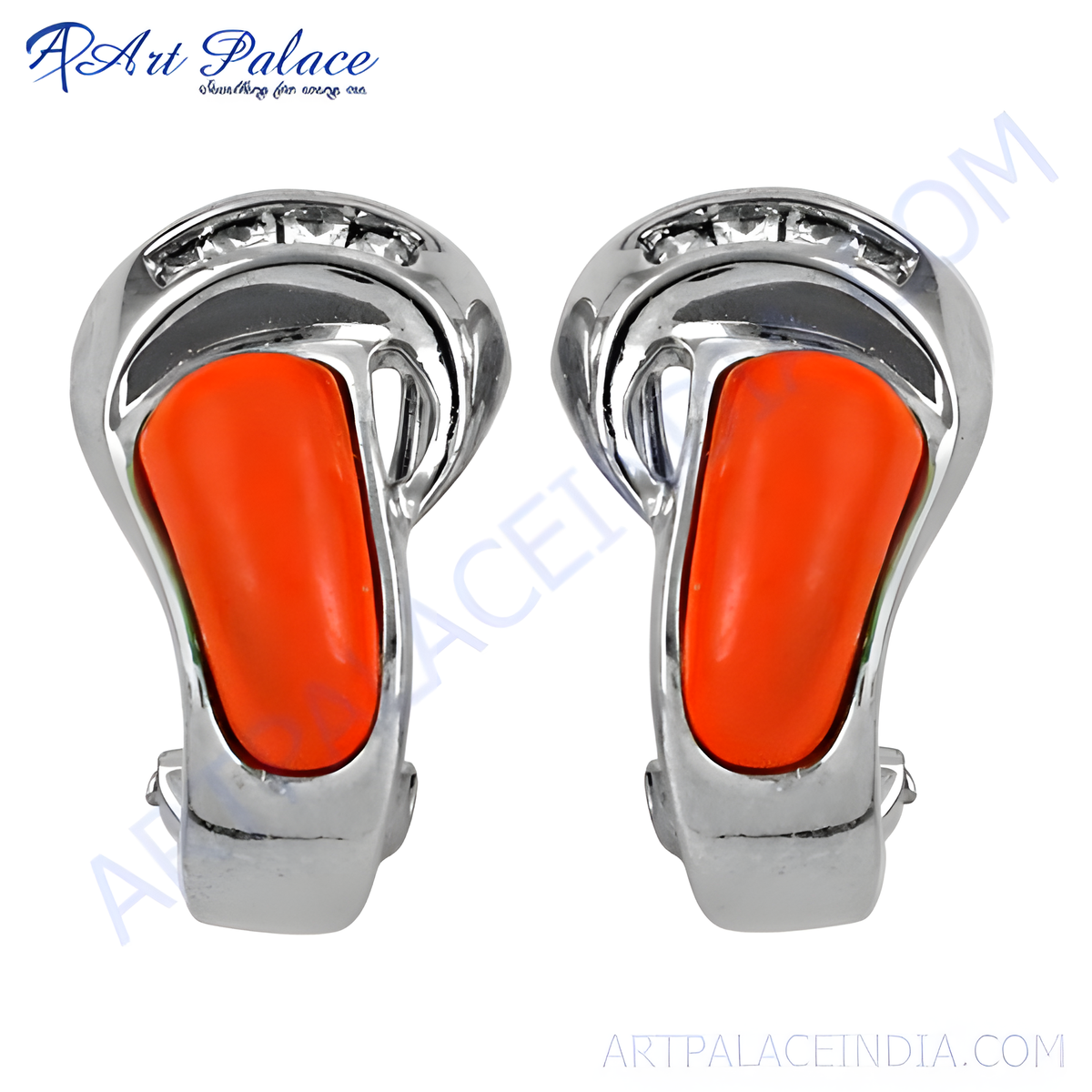 Silver clip earrings with orange coral inlay