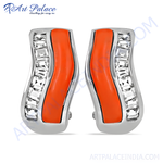 Load image into Gallery viewer, Silver stud earrings with an orange stone inlay and white gemstones
