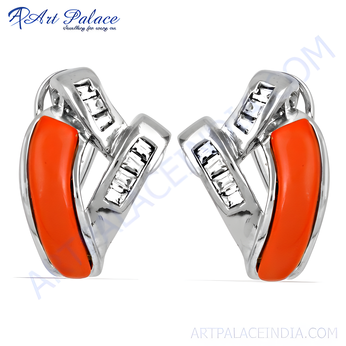 Silver stud earrings with orange enamel detailing, a stylish and colorful jewelry piece