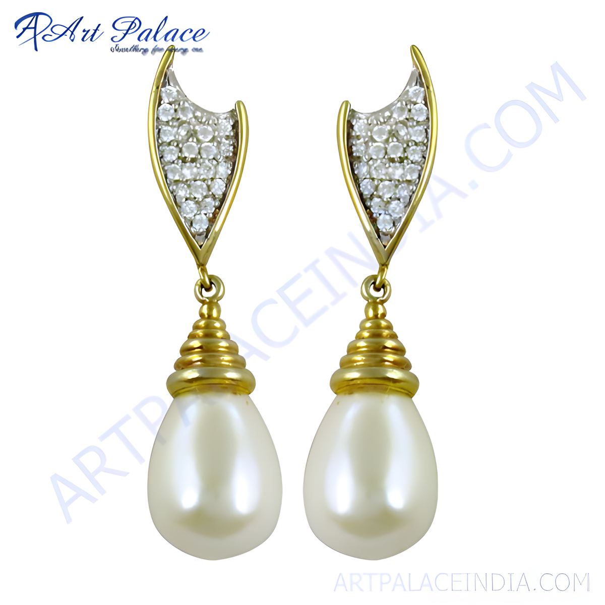 Gold teardrop pearl drop earrings with sparkling stones, a beautiful piece of jewelry
