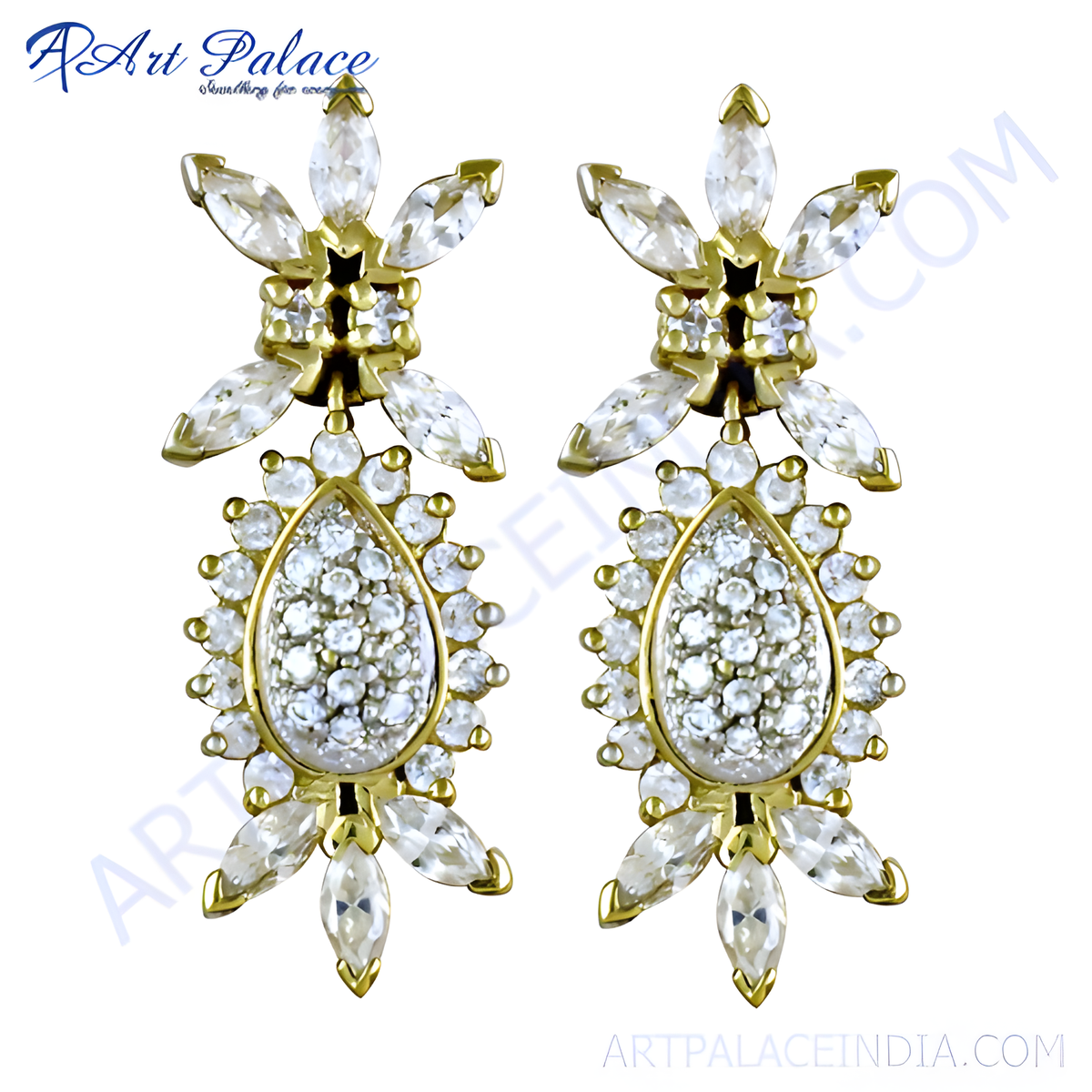 Gold earrings featuring a teardrop and flower design, adorned with cubic zirconia stones