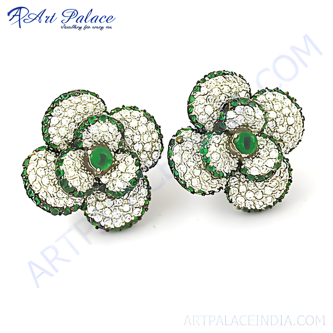 Floral stud earrings with white gemstones and a central green gemstone, suitable for women