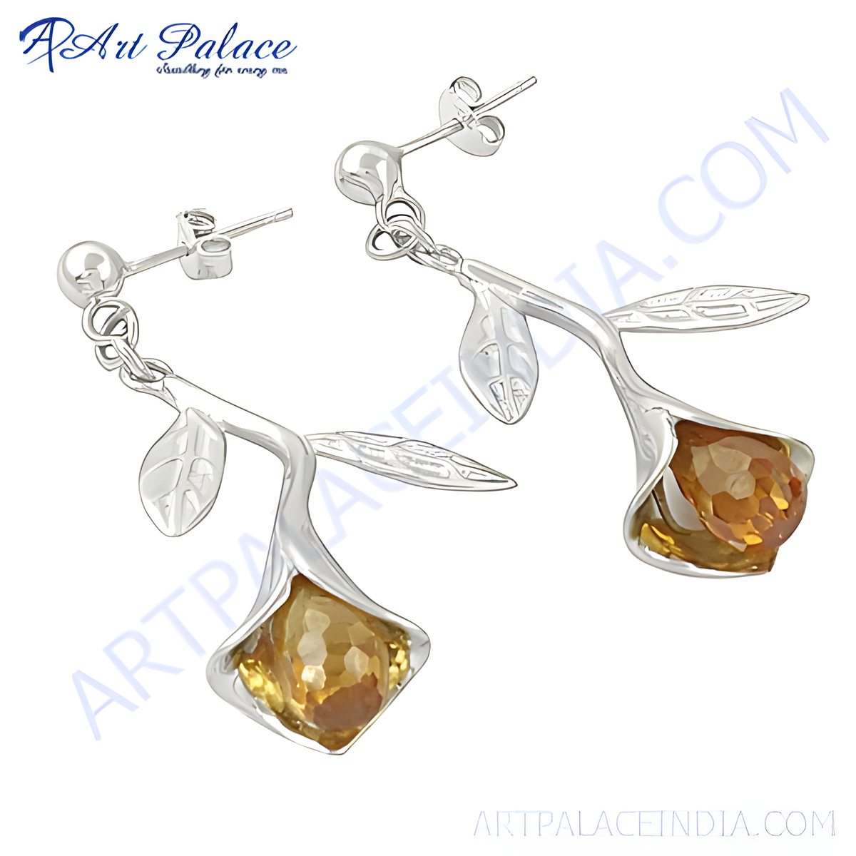 925 sterling silver dangle earrings with citrine gemstones, featuring a leaf design