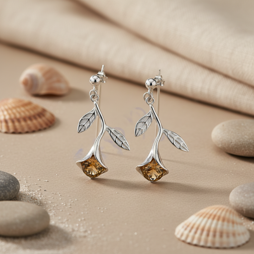 925 Silver Citrine Leaf Earrings for Women | Daily Wear Gift