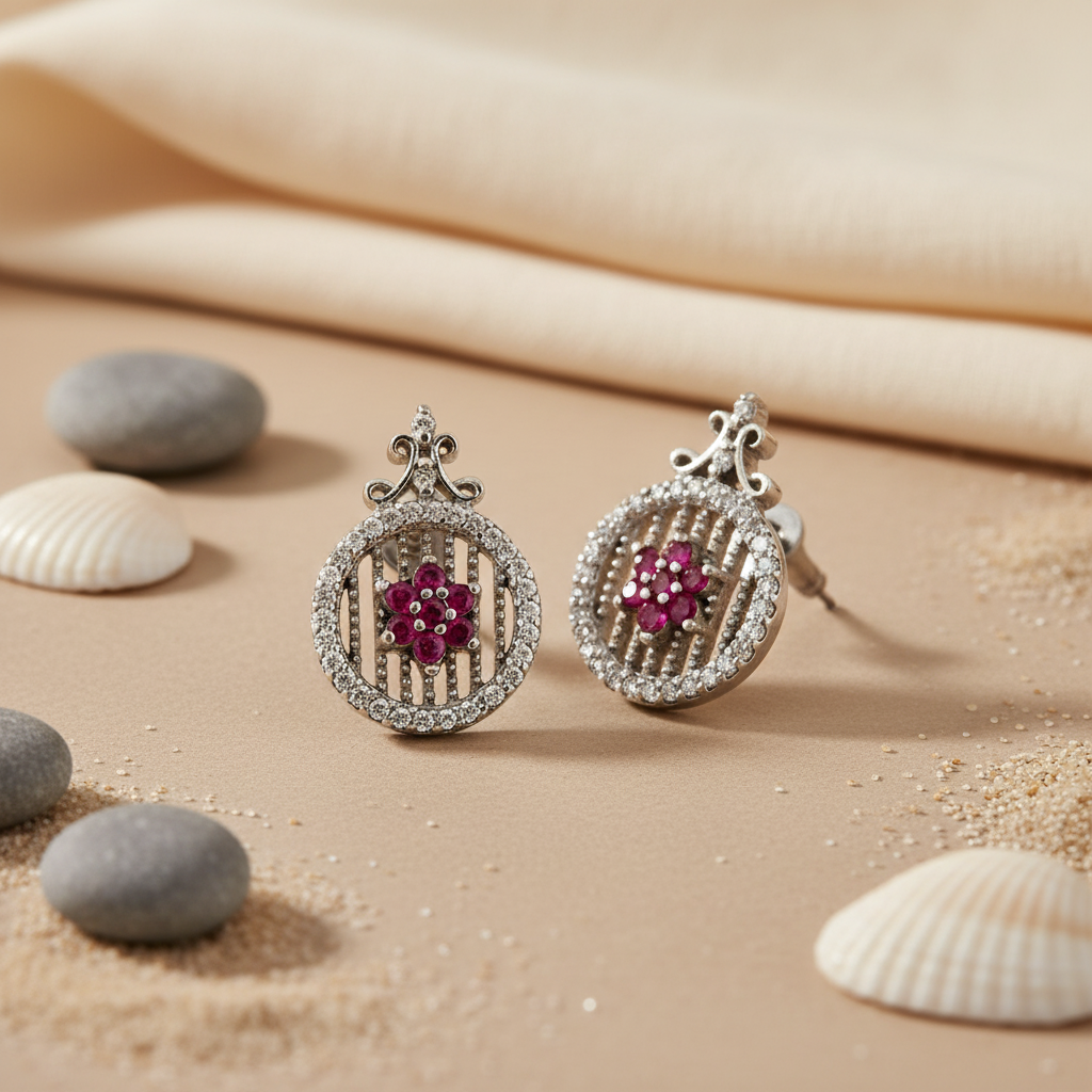 925 Silver Ruby Stud Earrings for Women | Floral Design