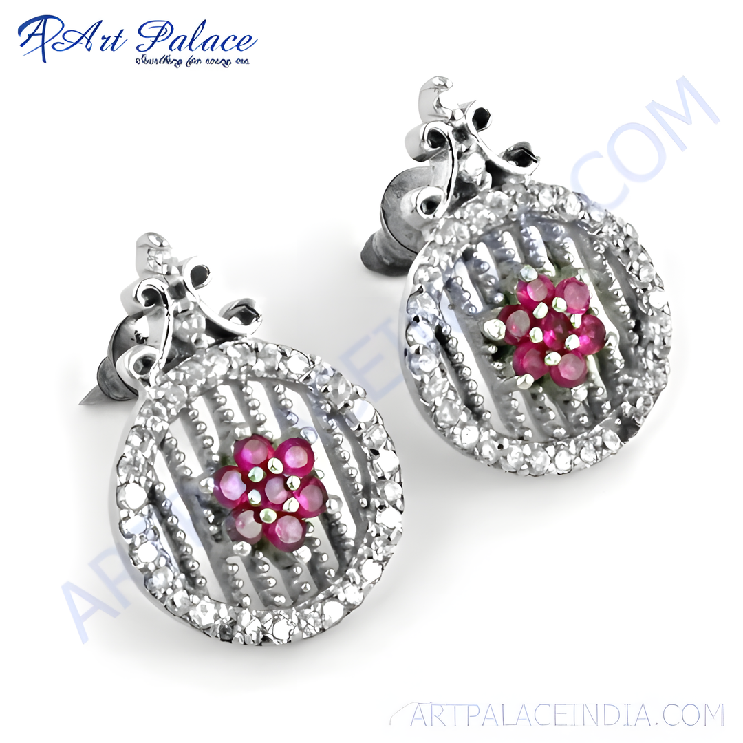 925 sterling silver stud earrings with ruby gemstones in a floral design, perfect for women.