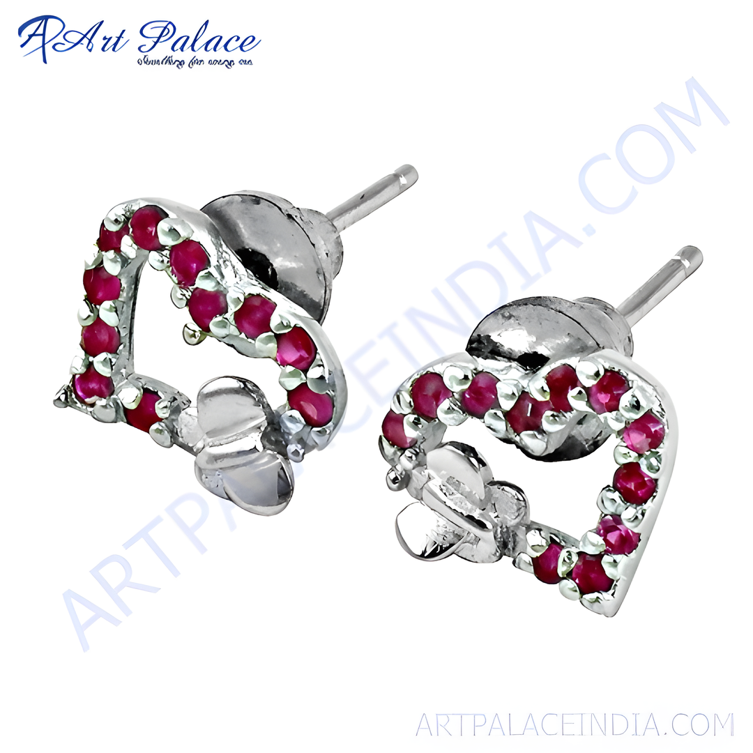 925 sterling silver heart-shaped stud earrings with red ruby gemstones
