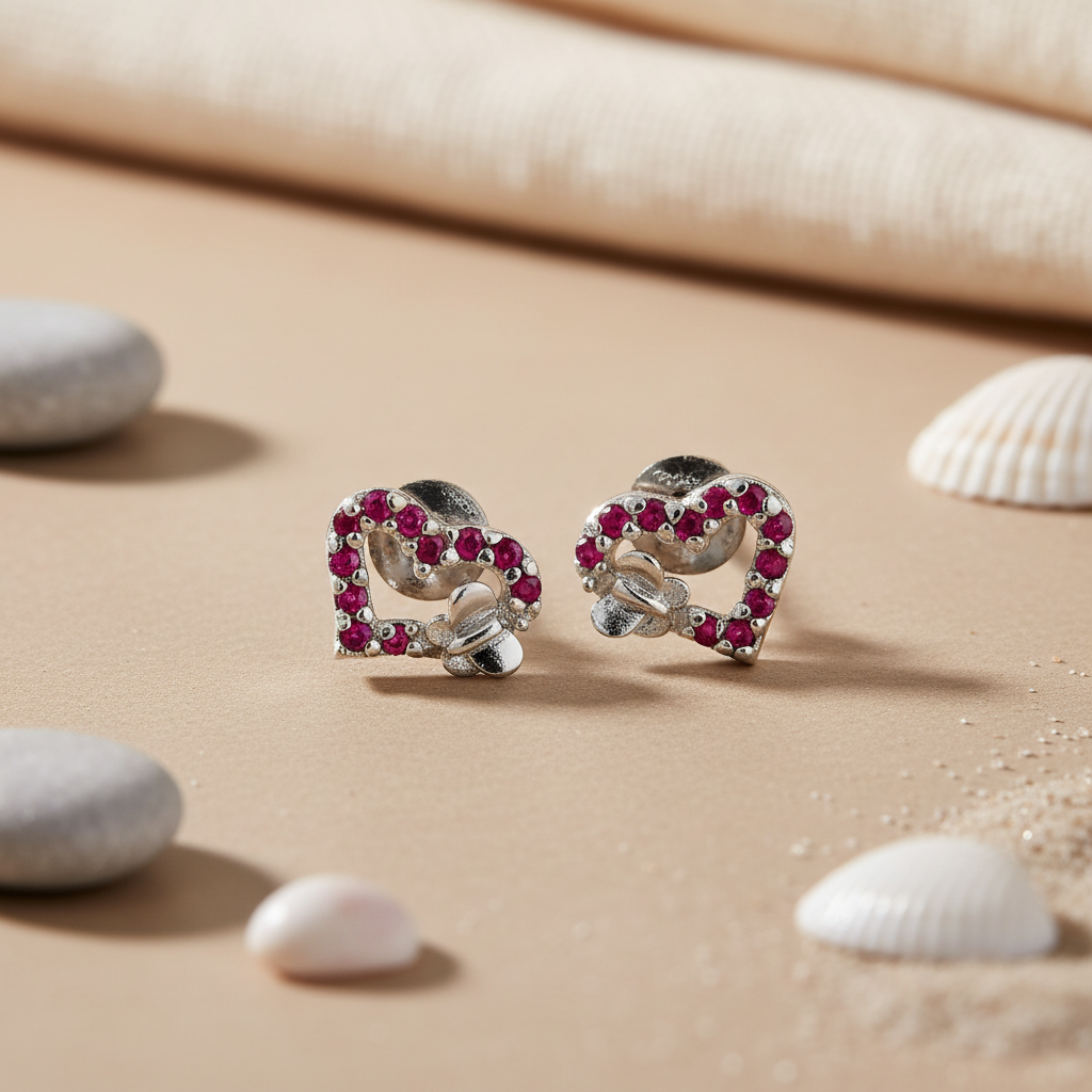 925 Silver Ruby Heart Stud Earrings for Women | Gift