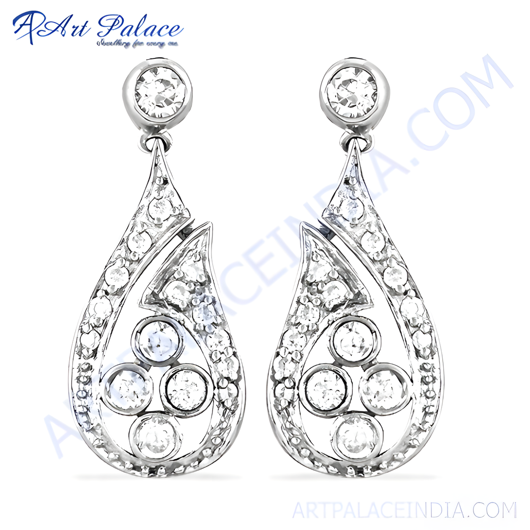 Silver teardrop earrings with sparkling white diamonds, elegant and stylish jewelry for women.