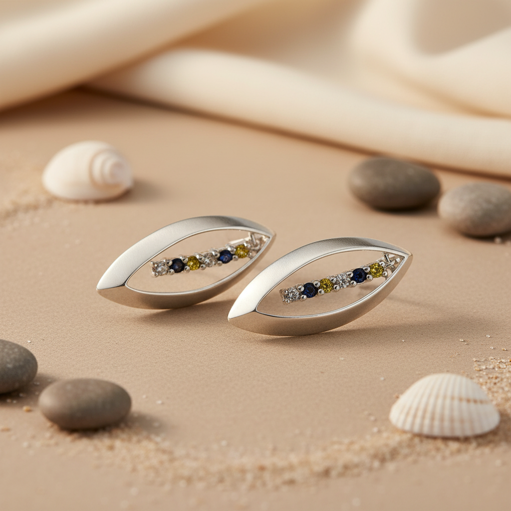 Silver Leaf Earrings with Green & Black Stones | Artpalace