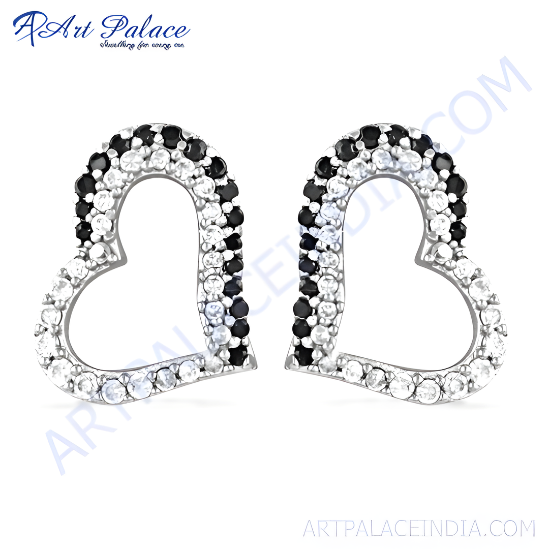 925 sterling silver heart-shaped stud earrings with black and white stones for women