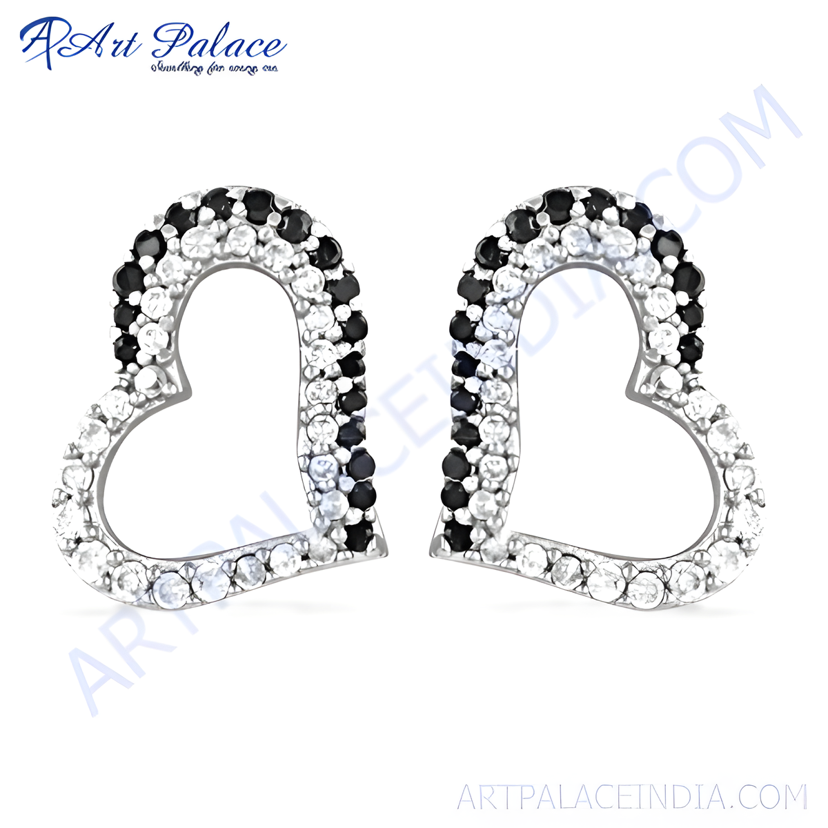 925 sterling silver heart shaped stud earrings with black and white stones for women