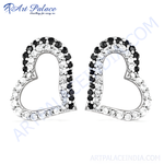 Load image into Gallery viewer, 925 sterling silver heart-shaped stud earrings with black and white stones for women
