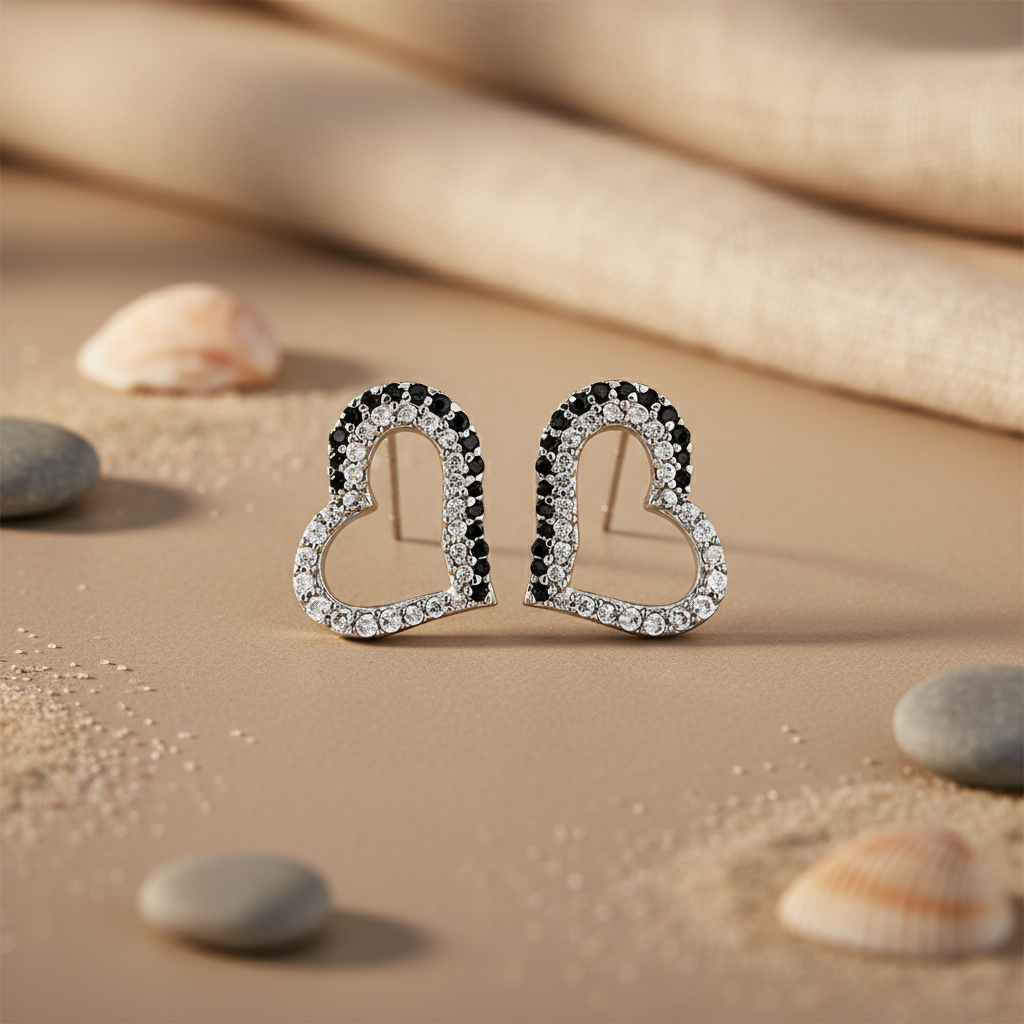 925 Silver Heart Stud Earrings | Black & White Stone | For Women