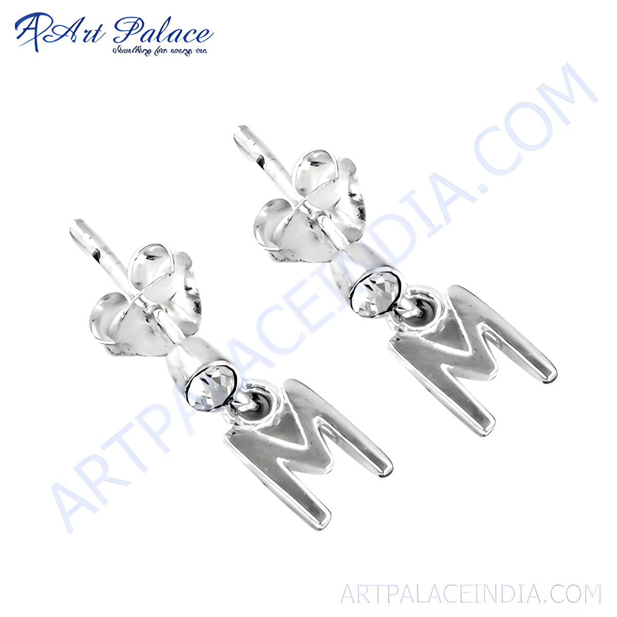 925 sterling silver m letter stud earrings with clear gemstone detail