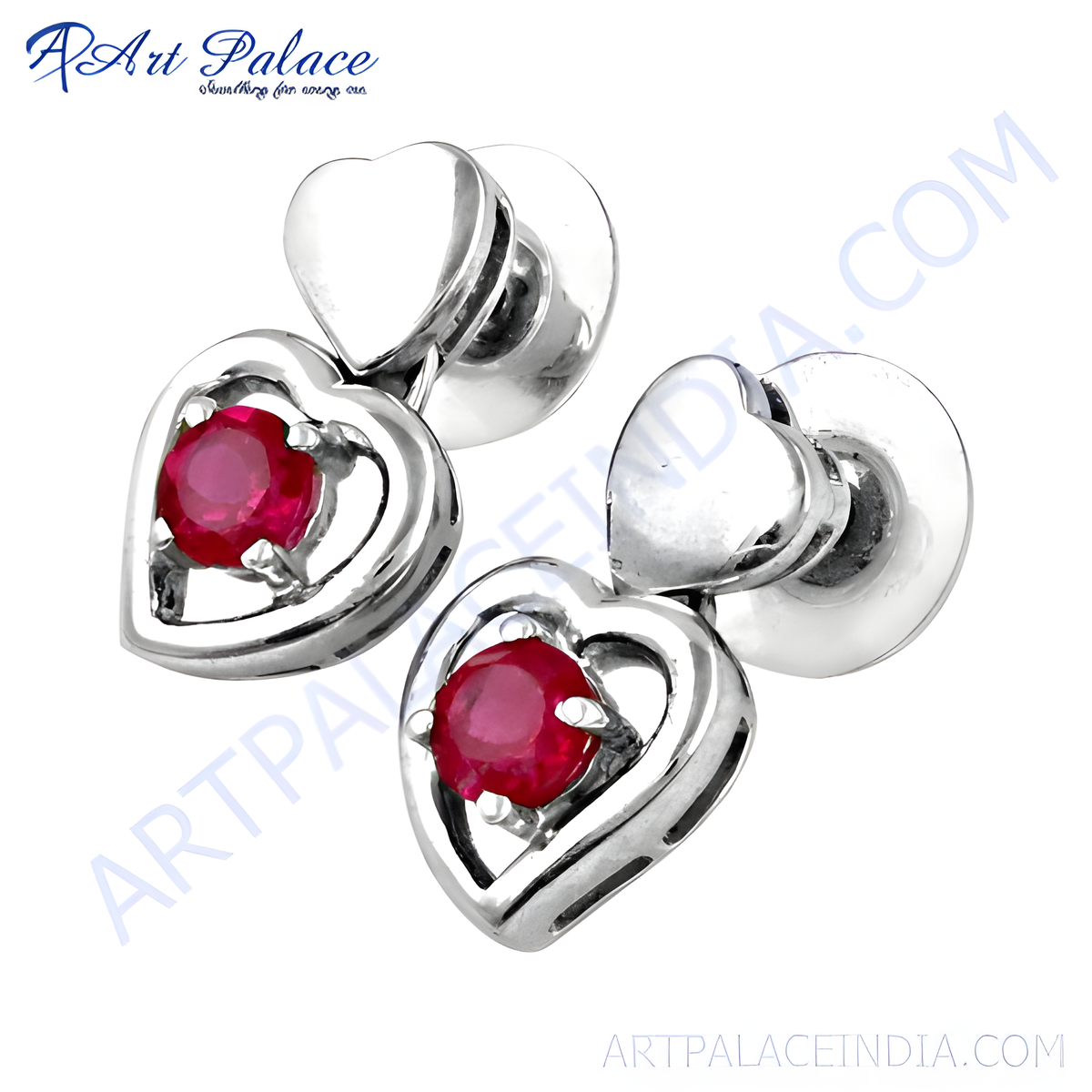 Sterling silver stud earrings with heart design and a vibrant red ruby gemstone