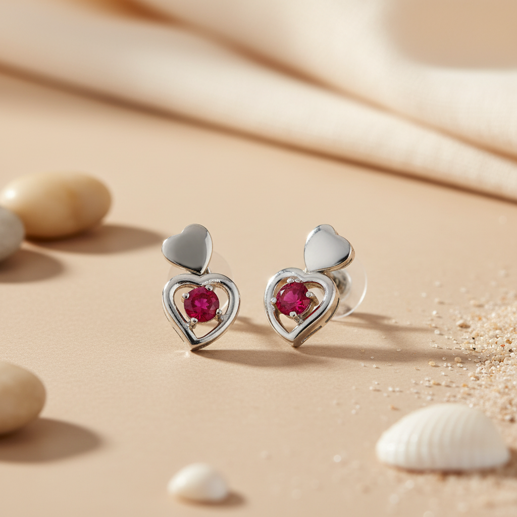 Silver Heart Ruby Stud Earrings for Women | Gift Jewelry