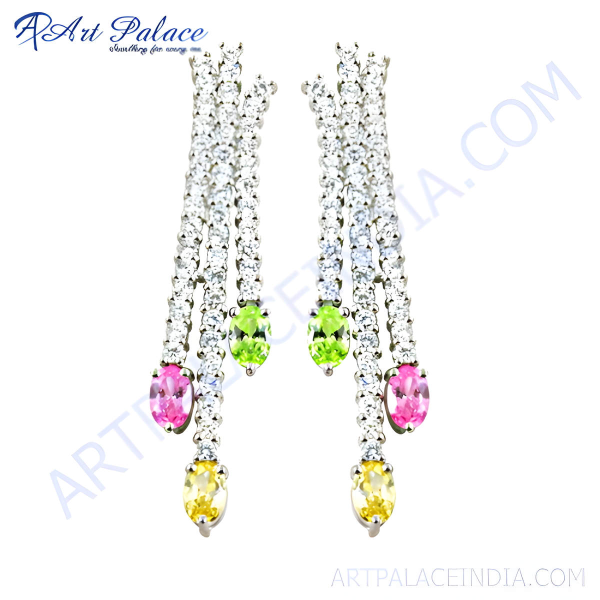 Silver dangle earrings with clear and colored gemstones in pink, green, and yellow