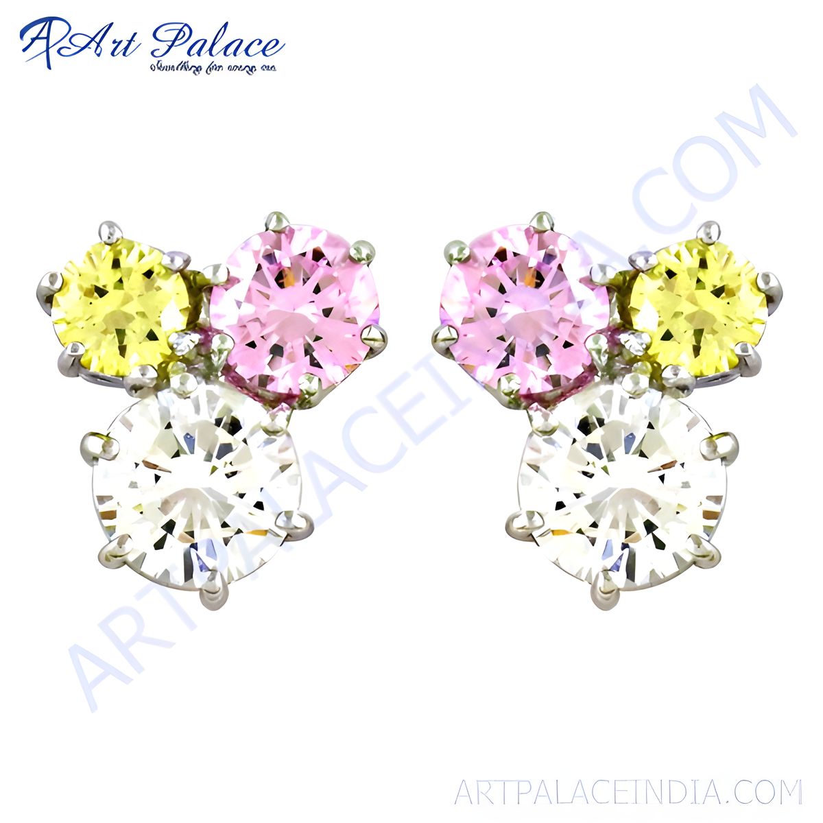 Silver stud earrings featuring white, pink, and yellow gemstones arranged in a cluster design