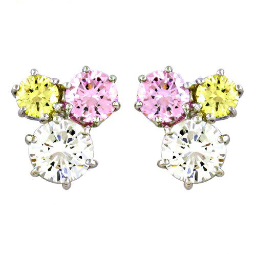 Silver Stud Earrings with Pink, Yellow & White Gemstones