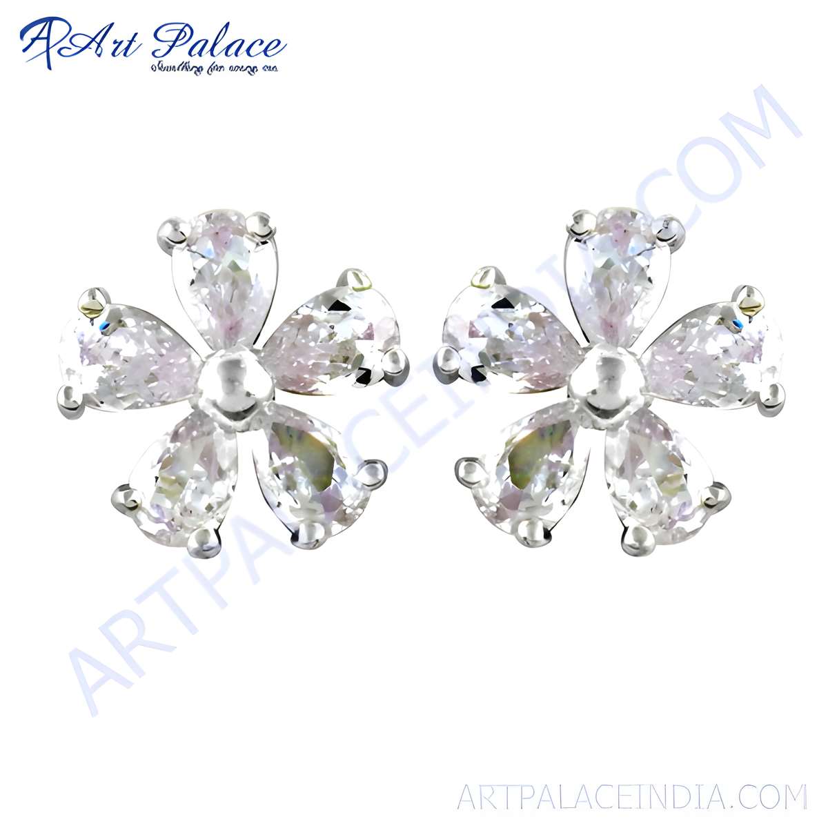Sterling silver stud earrings with a flower design and clear cubic zirconia stones