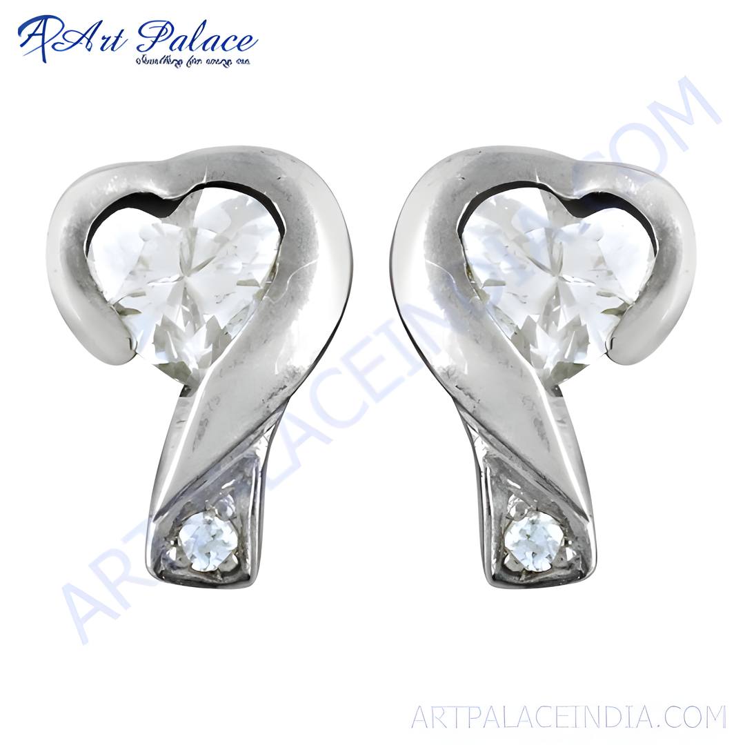 Silver heart-shaped stud earrings with sparkling cubic zirconia gemstones, ideal for women, perfect for gifting and daily wear.