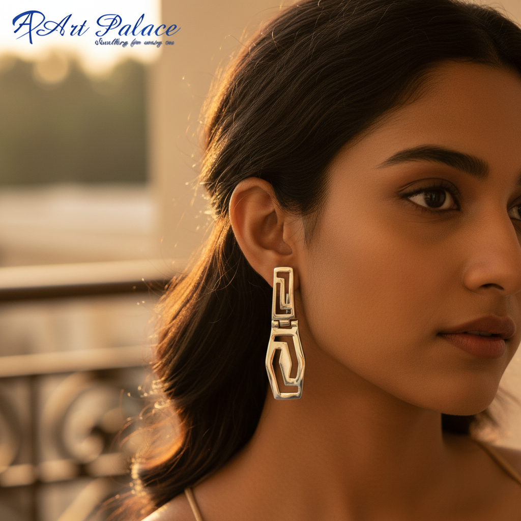 Silver Greek Key Dangle Earrings for Women | Statement Jewelry