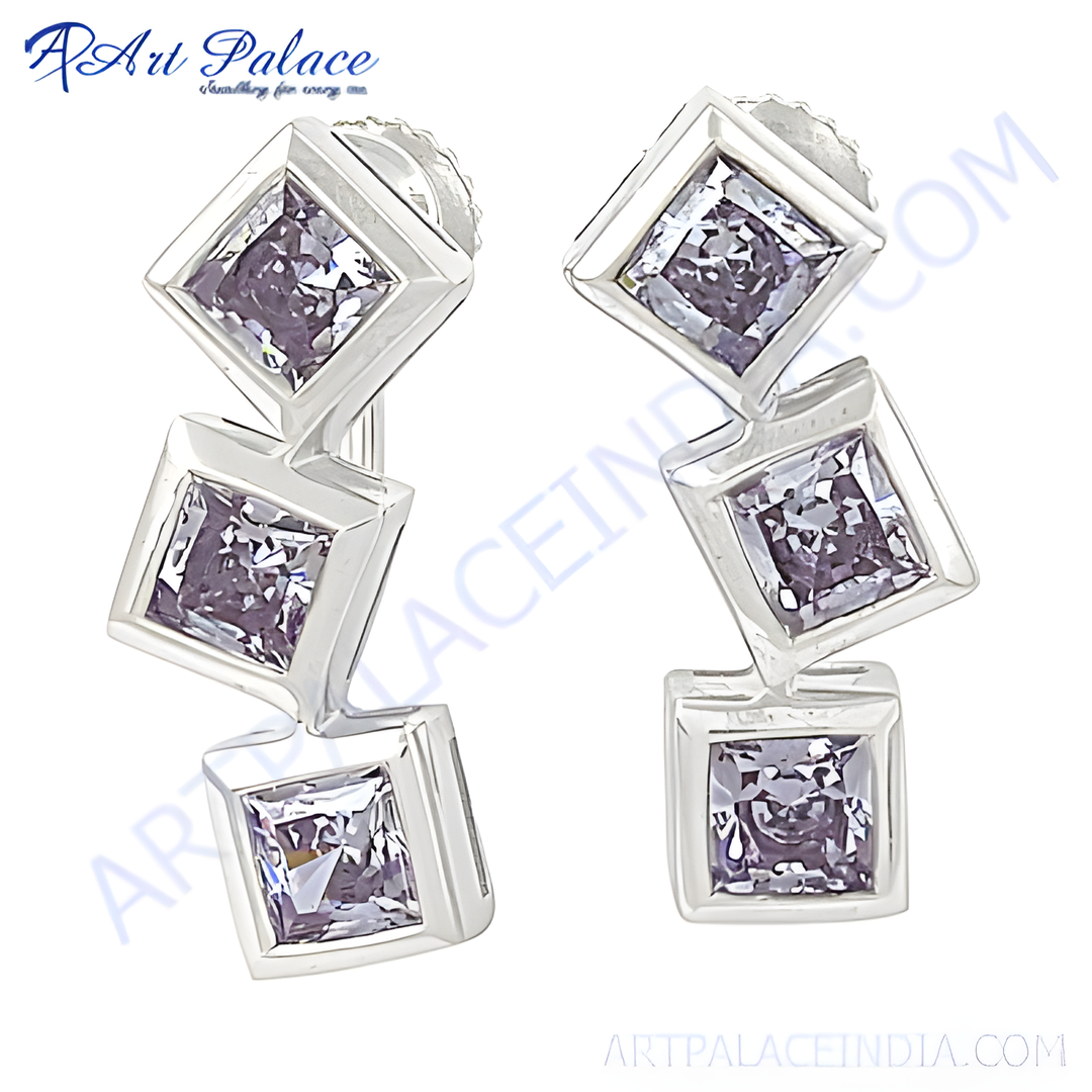 Silver drop earrings featuring square-cut cubic zirconia gemstones, perfect for women's fashion jewelry.