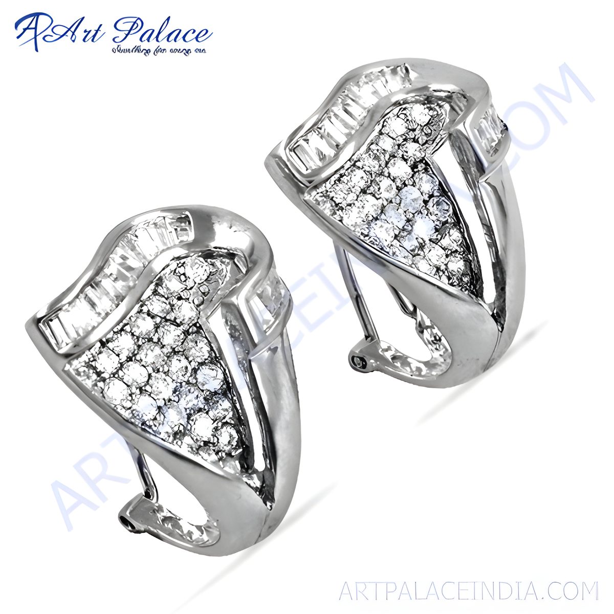 Silver diamond earrings, white gold plating finish, sparkling gemstones for women