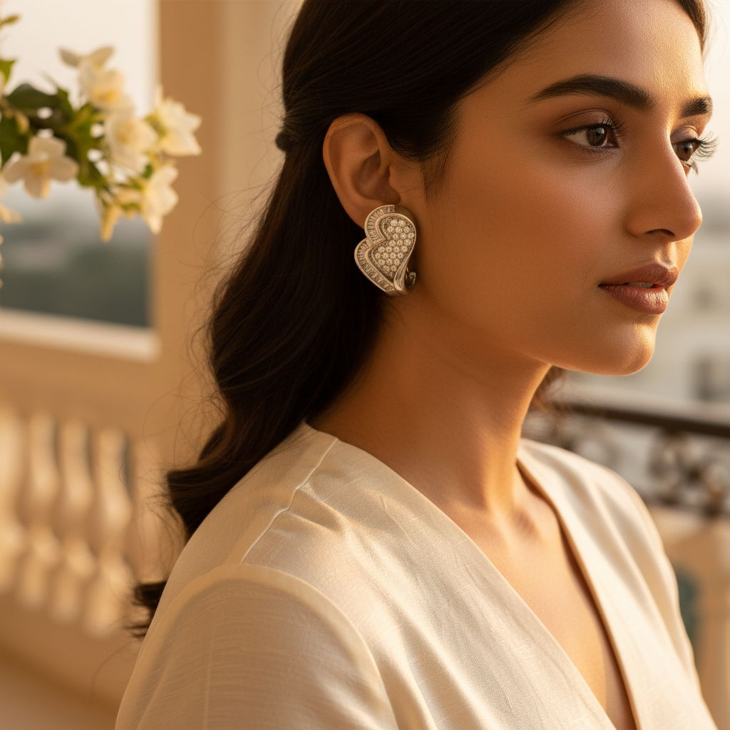 Silver Heart-Shaped Diamond Earrings | Women's Elegant Jewelry