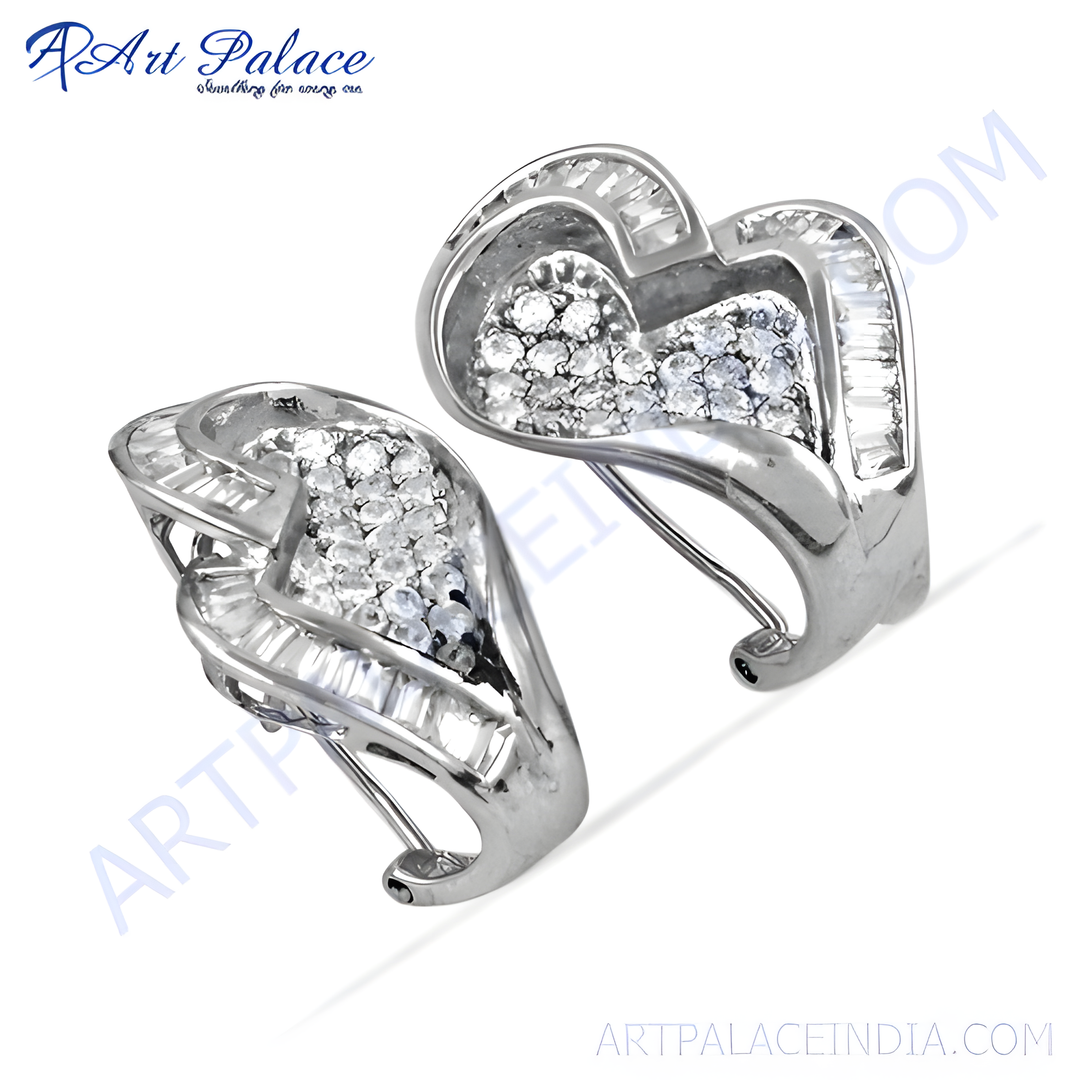 Silver hoop earrings with heart-shaped design and diamond embellishments, sparkling jewelry for women.