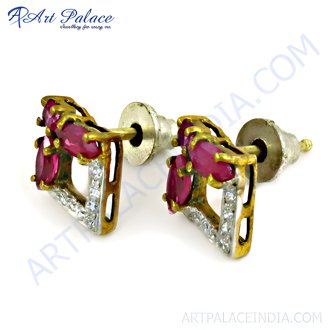 Gold-plated ruby gemstone stud earrings for women, featuring red gemstones.