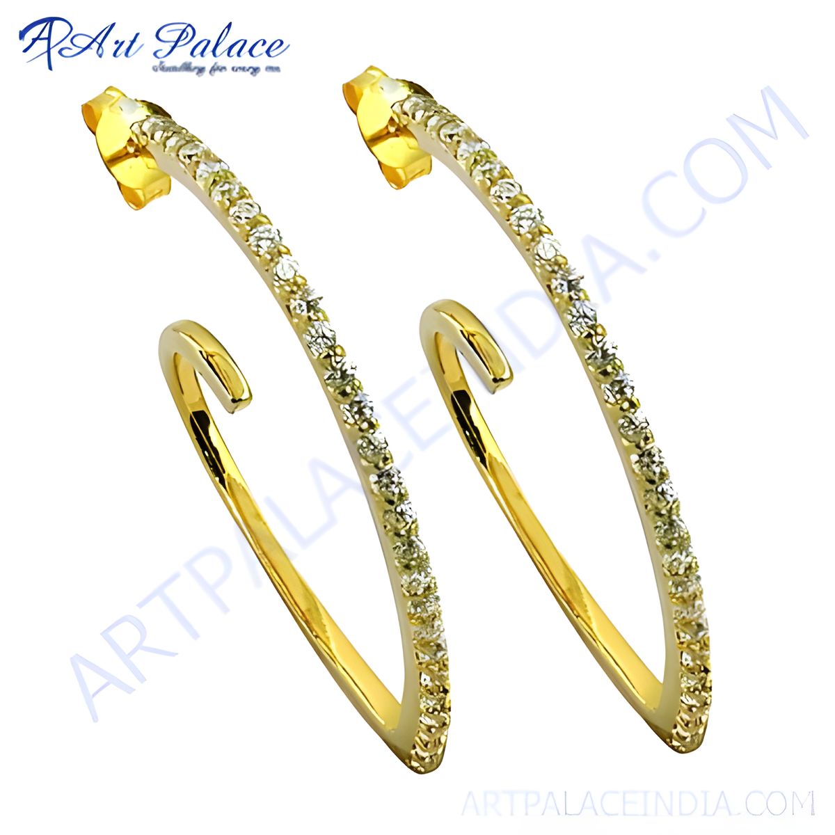 Gold hoop earrings studded with sparkling cubic zirconia gemstones, perfect for any occasion