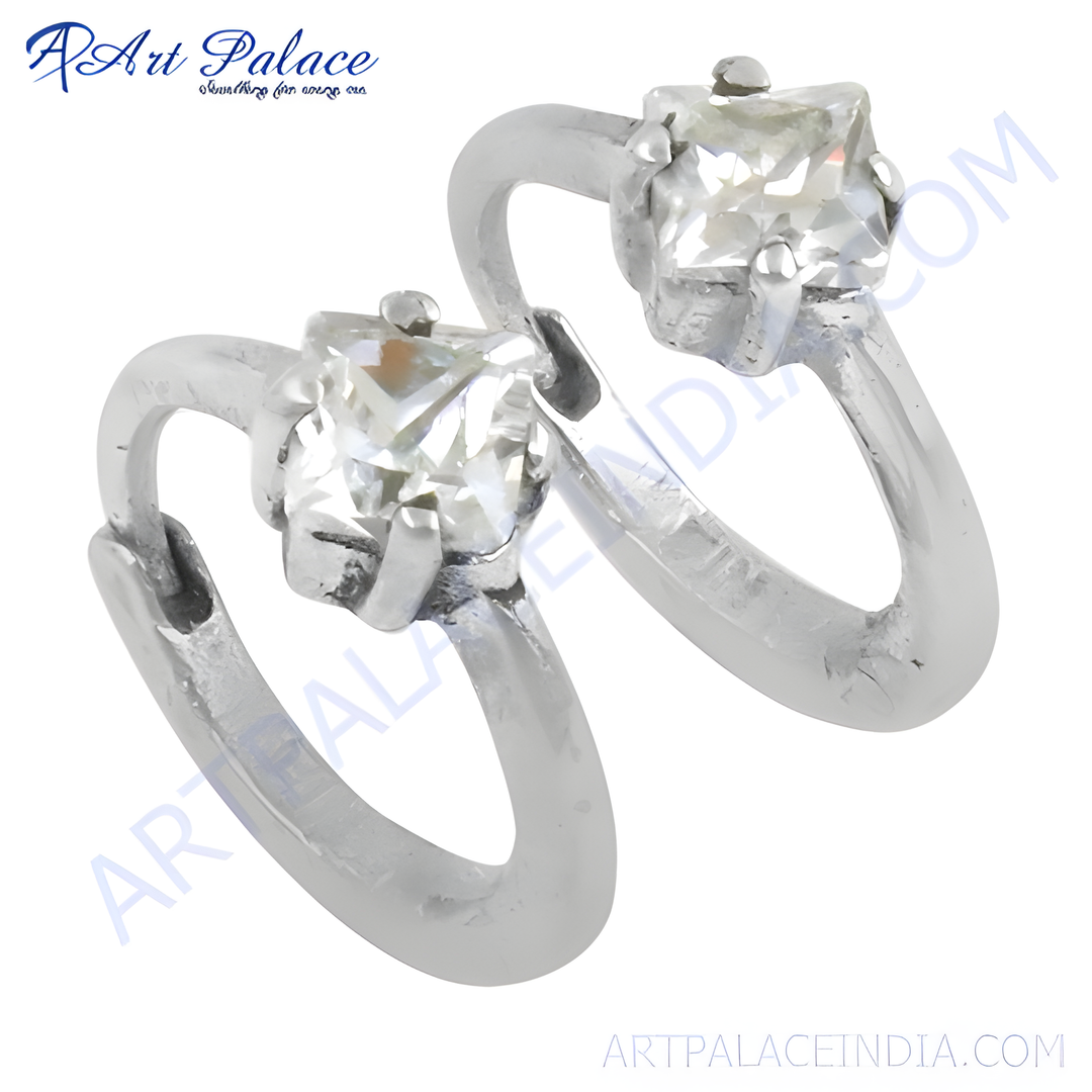 Sterling silver toe rings featuring brilliant, square-cut cubic zirconia gemstones, displayed on a white background, showcasing elegant toe jewelry.