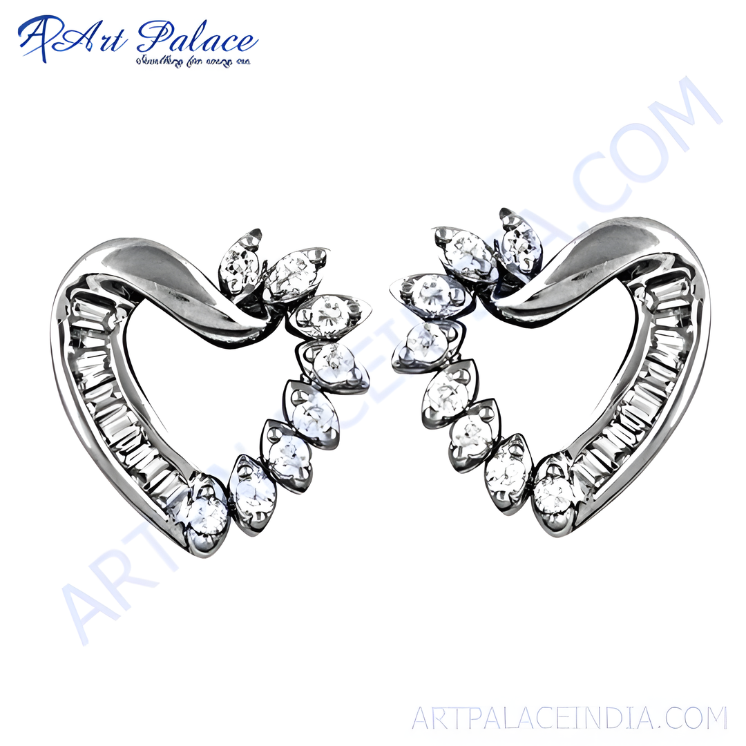 Silver heart-shaped stud earrings with sparkling diamonds on a white background