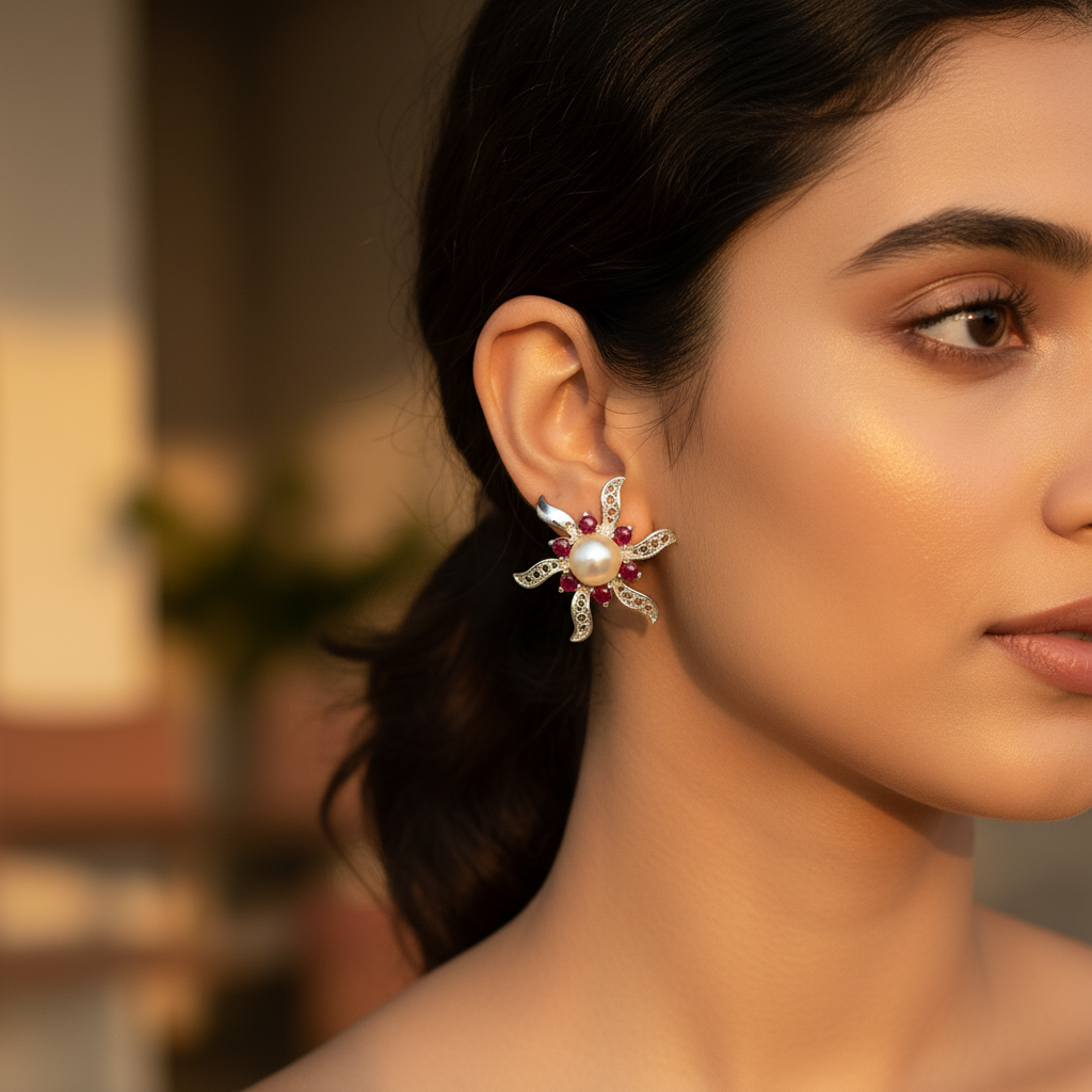 Pendientes de plata con perla y rubí | Joyería floral para mujer