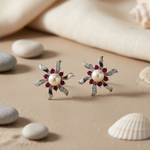 将图像加载到图库查看器中， Silver Pearl &amp; Ruby Flower Stud Earrings | Women's Floral Jewelry
