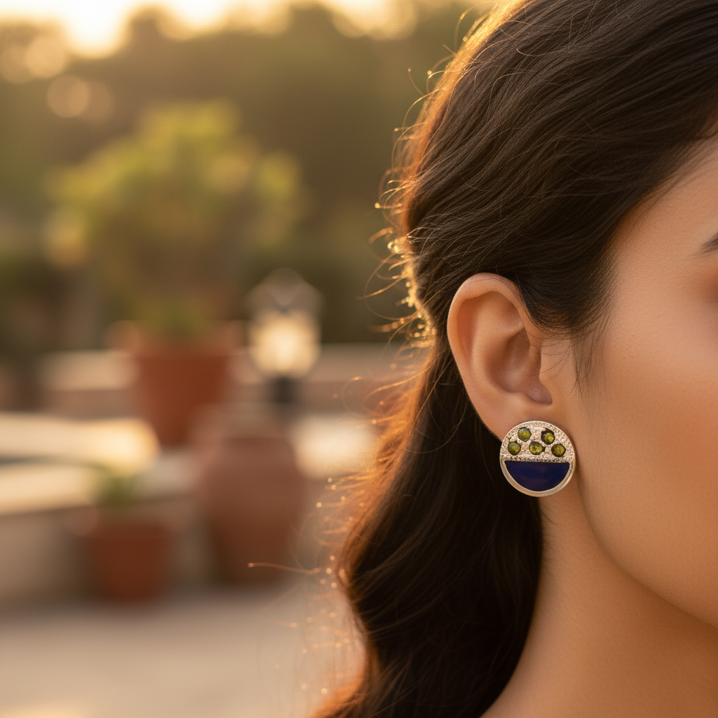 银色耳钉，饰以蓝色珐琅和绿色宝石