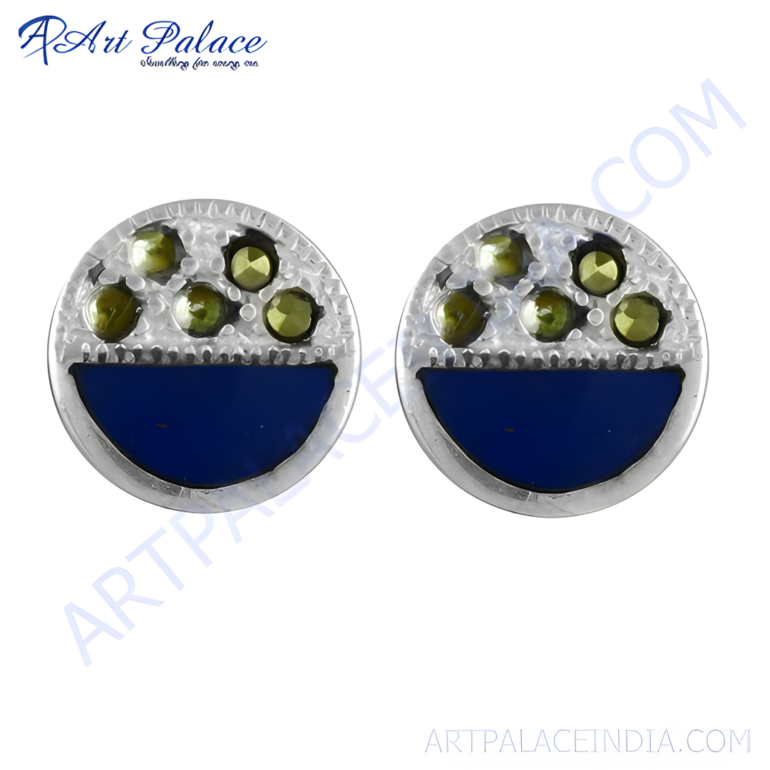 Silver stud earrings with blue enamel and green stone accents, perfect for daily wear.