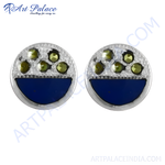 将图像加载到图库查看器中， Silver stud earrings with blue enamel and green stone accents, perfect for daily wear.
