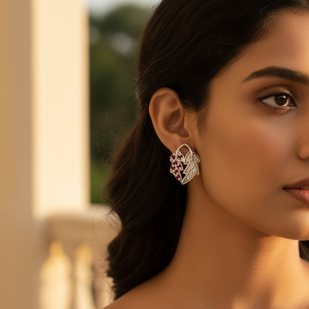 Pendientes de hoja de plata con detalles de rubí y diamantes