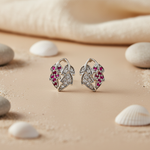 将图像加载到图库查看器中， Silver Leaf Stud Earrings with Ruby &amp; Diamond Accents
